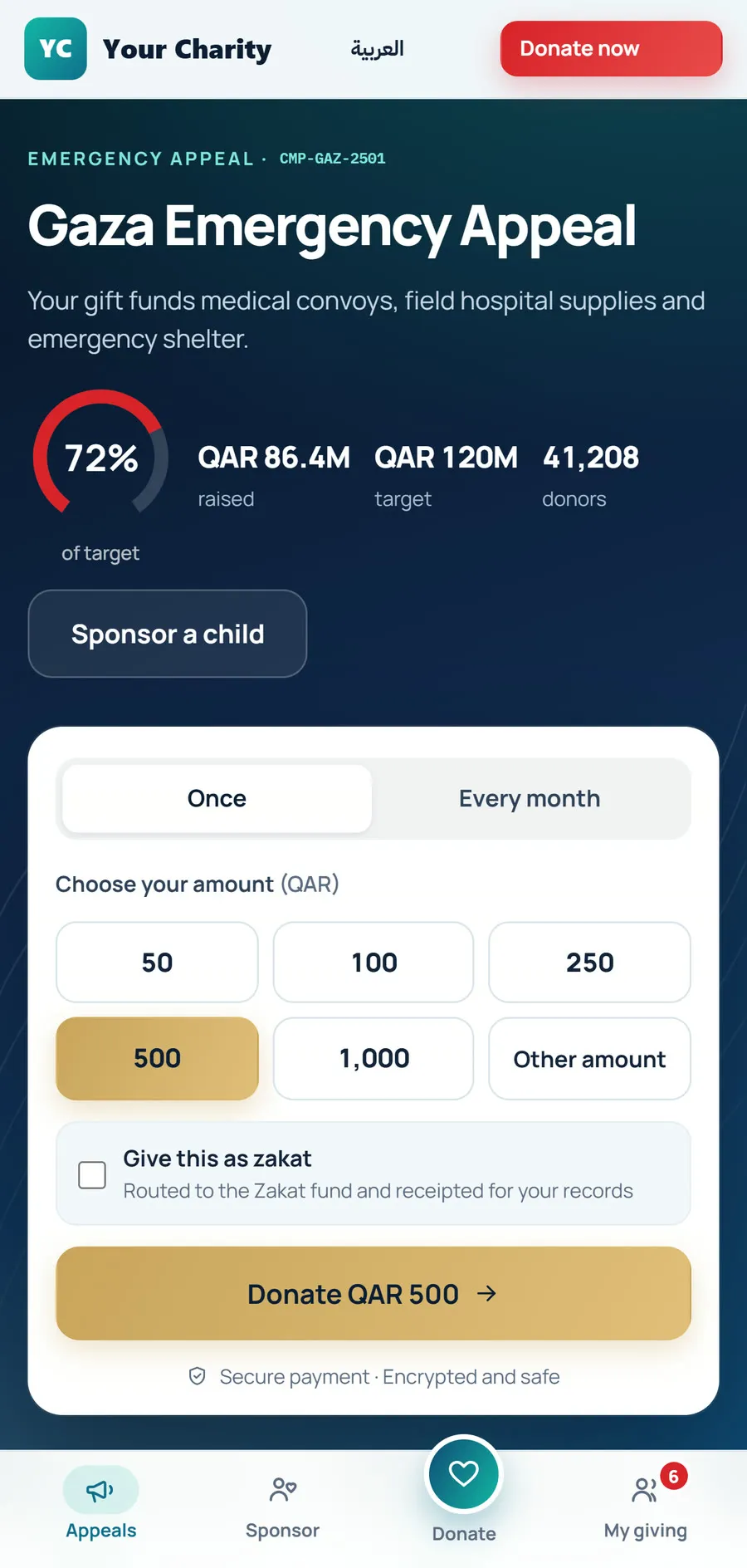 DONOR 360 donor portal on a phone: an emergency appeal page with progress against target and a giving form, in English, sample data under a demonstration brand