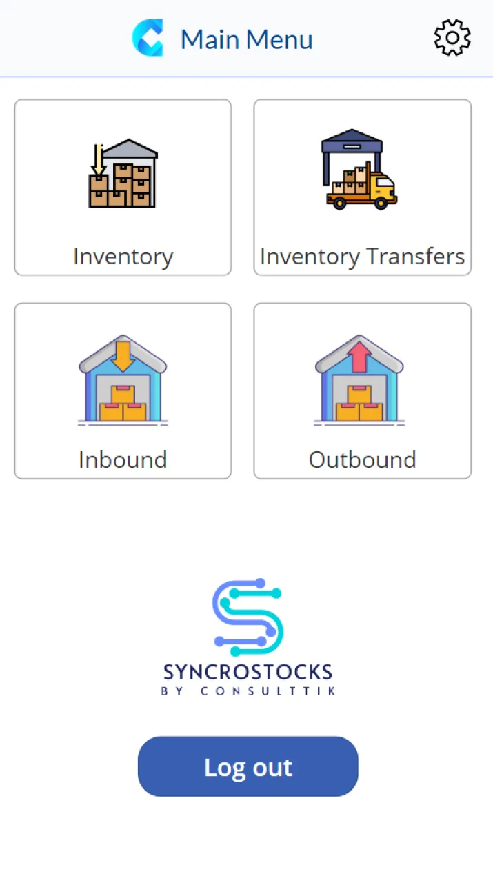 القائمة الرئيسية لتطبيق SyncroStocks على الهاتف: المخزون، ونقل المخزون، والوارد، والصادر، ببيانات تجريبية