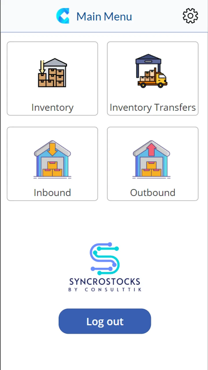 القائمة الرئيسية لتطبيق SyncroStocks على الهاتف: المخزون، ونقل المخزون، والوارد، والصادر، ببيانات تجريبية