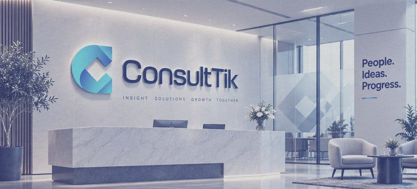 مكتب استقبال أمام جدار يحمل شعار ConsultTik وكلمات Insight وSolutions وGrowth وTogether.